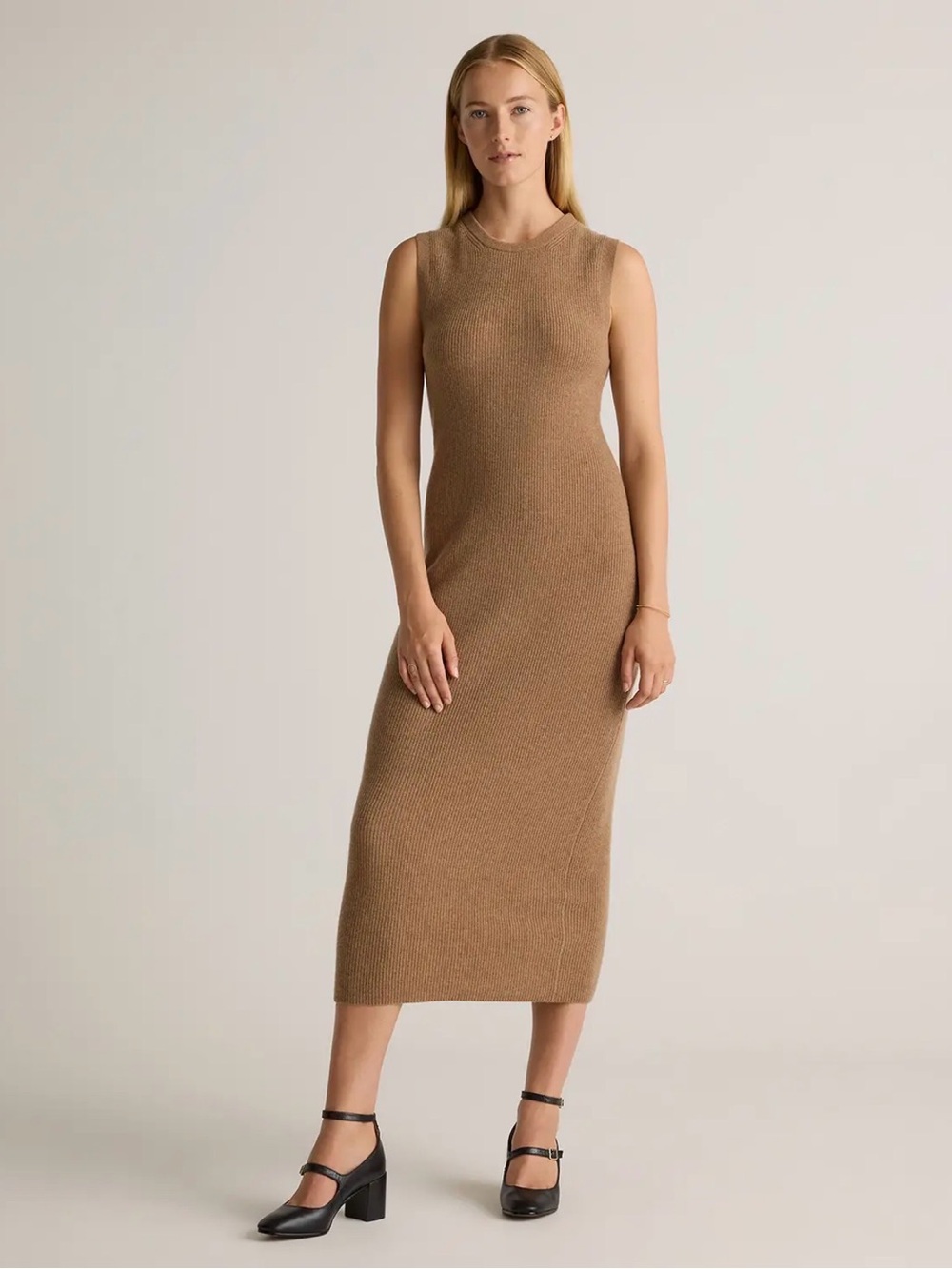 Quince Mongolian cashmere sleeveless midi dress in teak brown